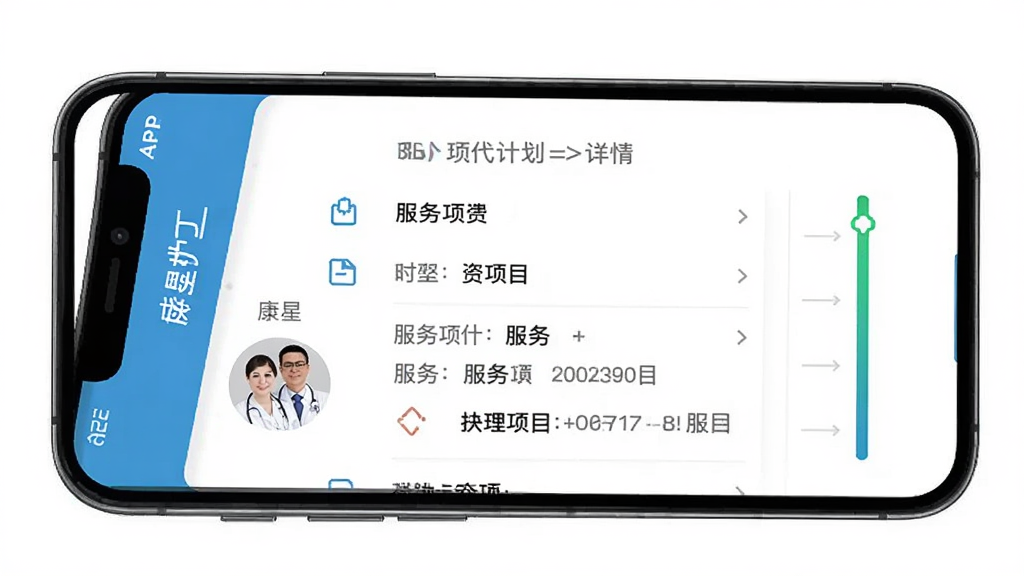 手机屏幕展示康星护工APP的定制化护理方案界面,主体为护理计划详情页,布局居中,排版清晰,风格简约医疗风,细节包含护工头像、服务项目列表和进度条,画质高清干净无多余元素
