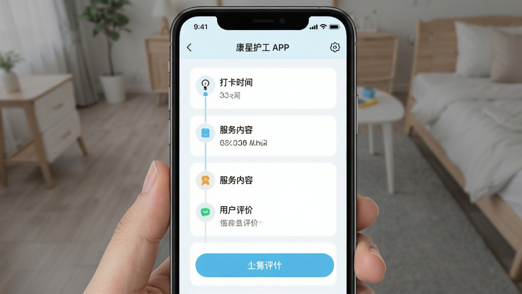 康星护工APP服务跟踪页面截图风格,主体为实时进度时间轴,布局上下结构,排版工整,风格清新浅色,细节包含打卡时间、服务内容和用户评价入口,画质清晰干净无多余元素