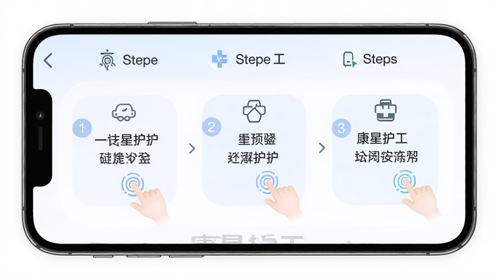 康星护工APP操作指引界面,主体为手机屏幕展示预约流程步骤图,布局分步展示,排版整齐,风格柔和圆角,细节包含手指点击图标和步骤数字标识,画质高清干净无多余元素