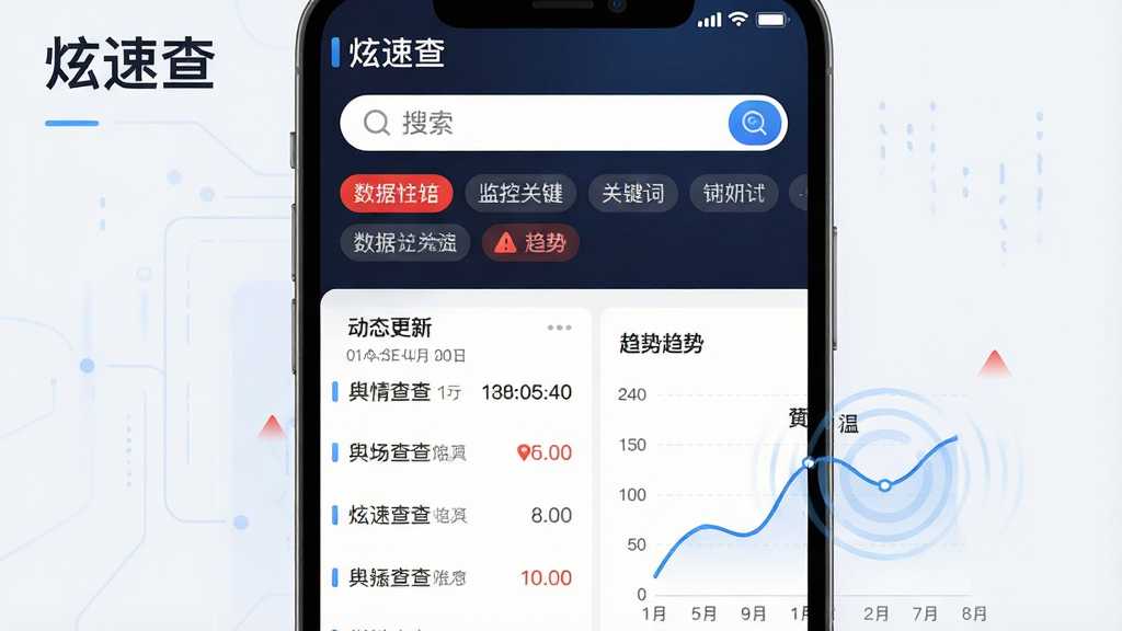 炫速查软件界面展示,主体为手机屏幕显示实时舆情数据图表,布局采用上下结构,上方为搜索栏与监控关键词标签,下方为动态更新的舆情列表与趋势折线图,排版简洁清晰,风格为现代科技商务风,细节包含时间戳、红色预警标记、数据刷新动画,画质高清,干净无多余元素,文字标注“炫速查”