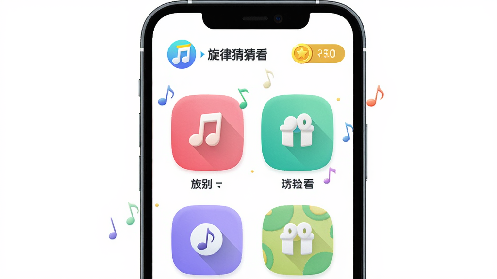 旋律猜猜看 手机应用主界面,主体为手机屏幕展示音乐识别游戏首页,布局上方为Logo和金币显示,中部为功能入口图标,排版整齐,风格清新活泼,细节包括音符装饰和明亮配色,画质高清,干净,无多余元素