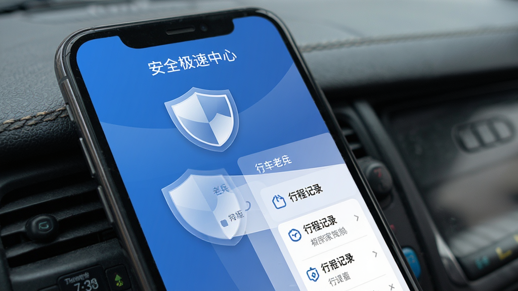 老兵打车司机端极速版安全中心界面,盾牌图标与行程记录列表,简洁商务风格,蓝色主色调,干净无多余元素,高清画质