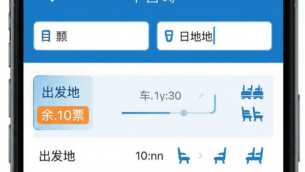 主体为手机屏幕展示铁路订票应用的车次查询界面,布局为上下结构,上方为出发地与目的地输入框,下方为车次列表;排版简洁清晰,风格为扁平化科技蓝配色;细节包括余票数字高亮、车次时间轴、座位类型图标;画质高清、干净、无多余元素。