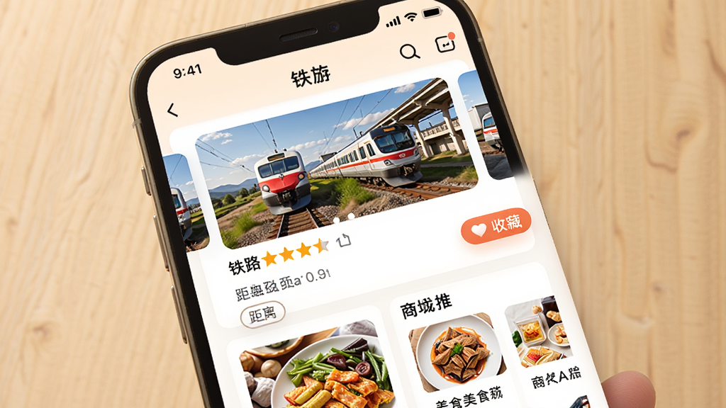 主体为手机屏幕展示铁路订票应用的旅游攻略页面,布局为卡片式列表,上方为景点图片轮播,下方为美食与商城推荐;排版错落有致,风格为清新暖色系;细节包括评分星级、距离标签、收藏按钮;画质高清、干净、无多余元素。