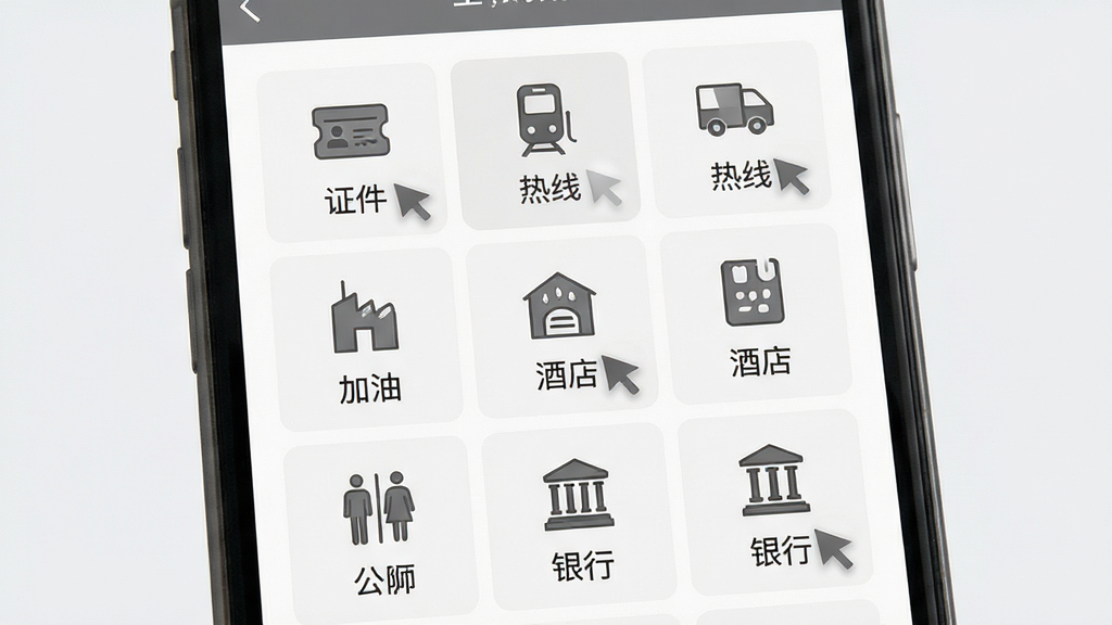主体为手机屏幕展示铁路订票应用的生活服务页面,布局为九宫格图标排列,包含证件、热线、加油、酒店、公厕、银行等入口;排版整齐统一,风格为简约商务灰白配色;细节包括图标描边、文字标签、点击态效果;画质高清、干净、无多余元素。