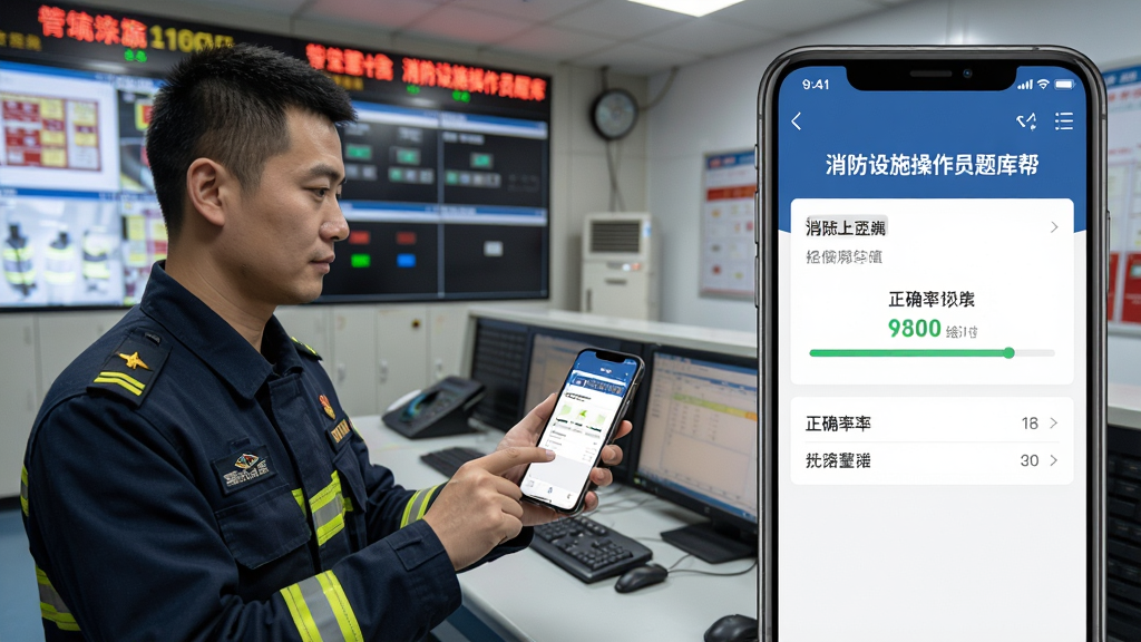 消防设施操作员题库帮备考场景图,主体为一名消防值班人员在监控室用手机刷题,布局为人物半身与手机屏幕特写结合,排版左侧人物右侧手机界面,风格为写实摄影风,细节包含消防控制室背景、手机屏幕显示“消防设施操作员题库帮”刷题页面、正确率统计,画质高清,干净,无多余元素