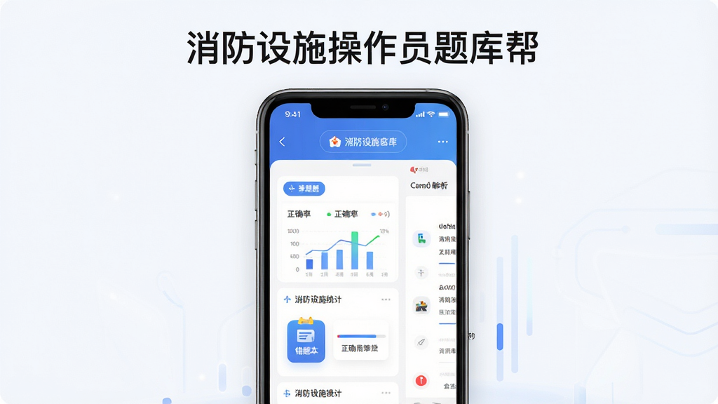 消防设施操作员题库帮软件界面展示,主体为手机屏幕中显示消防考试题库列表与解析页面,布局为居中展示手机正视图,排版上方为软件名称“消防设施操作员题库帮”文字,风格为现代扁平化科技风,细节包含刷题按钮、正确率统计图表、错题本图标,画质高清,干净,无多余元素