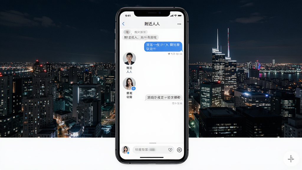 附近一夜聊软件界面展示,手机屏幕中显示附近的人列表和聊天对话框,背景为城市夜景,风格清新现代,画质清晰,干净无多余元素