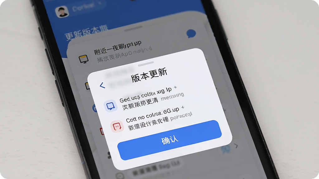 ����һҹ��App���°汾չʾ������Ϊ�ֻ���Ļ����ʾ�汾������־����������Ϊ�����ֻ����棬�Ű����������Ϊ�ִ���Լ��ϸ�ڰ���������Ŀ�б���ȷ�ϰ�ť�����ʸ��壬�ɾ����޶���Ԫ��