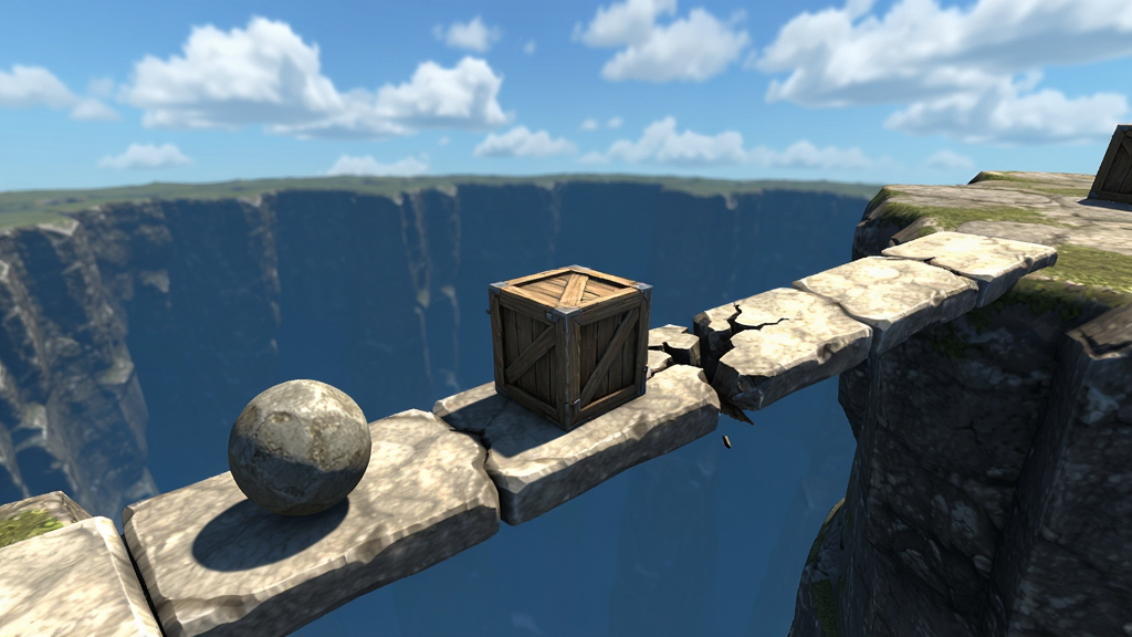 3d平衡球游戏画面,一颗石球在悬崖边的狭窄石板路上滚动,背景是万丈深渊和蓝天白云,画面中央有木箱和道路裂痕障碍,风格写实,细节丰富,画质清晰,干净无多余元素