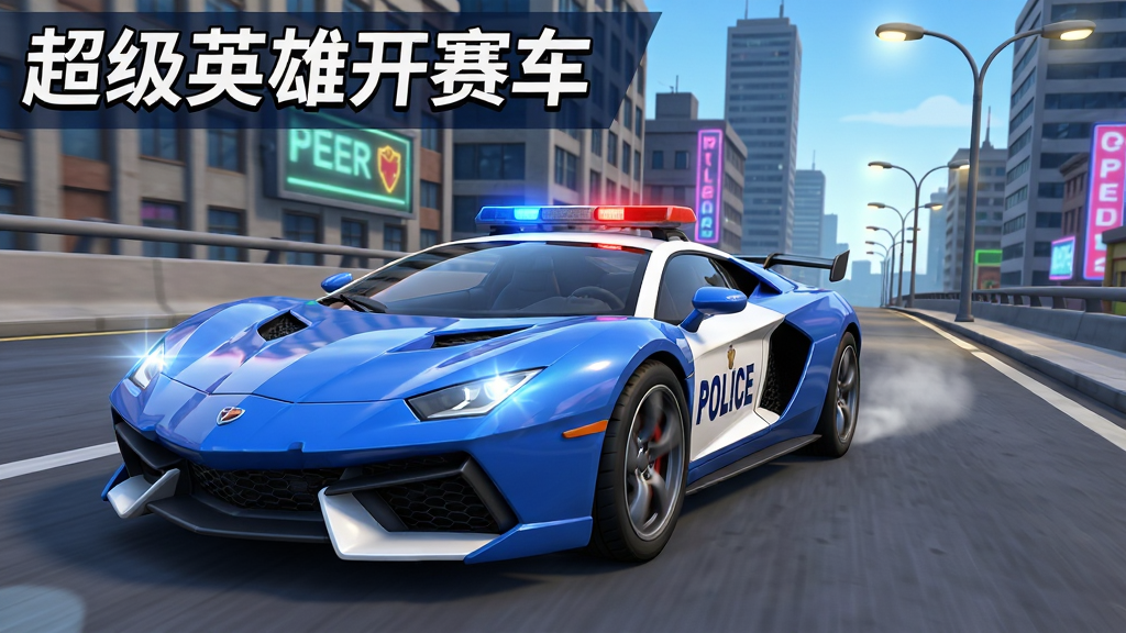 超级英雄开赛车游戏画面,主体为一辆蓝白涂装的警用超跑行驶在城市高架桥上,布局为车头占据画面中心偏左,右侧为高楼与路灯,排版采用横版游戏视角,风格为3D写实卡通渲染,细节包括车身反光、轮胎纹理与远处霓虹灯牌,画质清晰干净,画面中带有“超级英雄开赛车”文字标题,无多余元素
