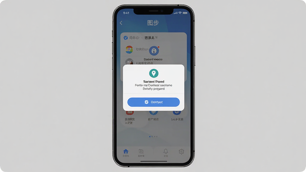 图步APP设置界面,主体为手机屏幕显示隐私弹窗和图源信息,布局为居中手机模型,排版整洁,风格为简约安全风,细节包含隐私图标和联系按钮,画质清晰,干净,无多余元素