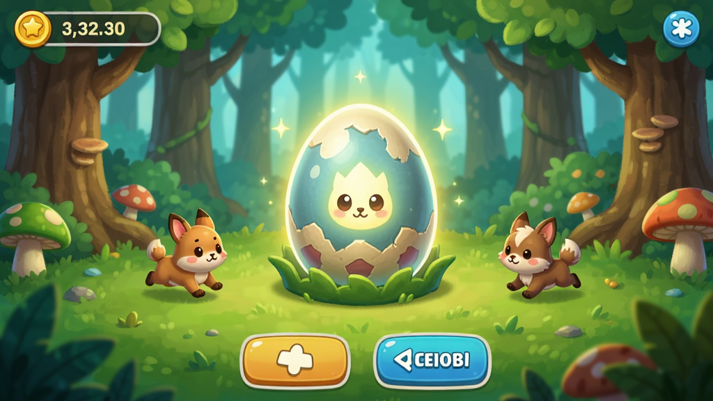 ͵һ����������(�����˵�)��Ϸ�����棬Q�濨ͨ�������չʾһ�ŷ����ϡ�г��ﵰ����Χ����ɭ�ֳ����뱼�ܵ�С���������ʾ����������ײ�Ϊ������ť��ɫ���������ޣ�����ɾ������廭��