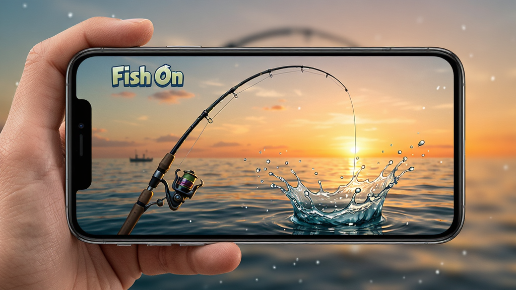 ����Fish On��Ϸ�����棬һֻ�������ֻ�������ʾ����Ļ������������߱���ˮ��ը��ˮ���������ǻƻ躣�棬����Ϊ�ֻ�����չʾ�����дʵ������Ϸ����ͼ��ϸ�ڰ���ˮ���ɽ�����ͻ��ȣ����ʸ���ɾ��޶���Ԫ��
