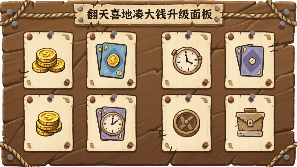 ����ϲ�شմ�Ǯ������壬����Ϊһ��ľ�ʹ���壬���涤�Ŷ���������Ƭ����Ƭ�ϻ��н�ҡ����ơ�ʱ�ӵ�ͼ�꣬����Ϊ�����������У����Ϊ�����ֻ�磬ϸ�ڰ��������Ͷ���װ�Σ������������ɾ����޶���Ԫ��