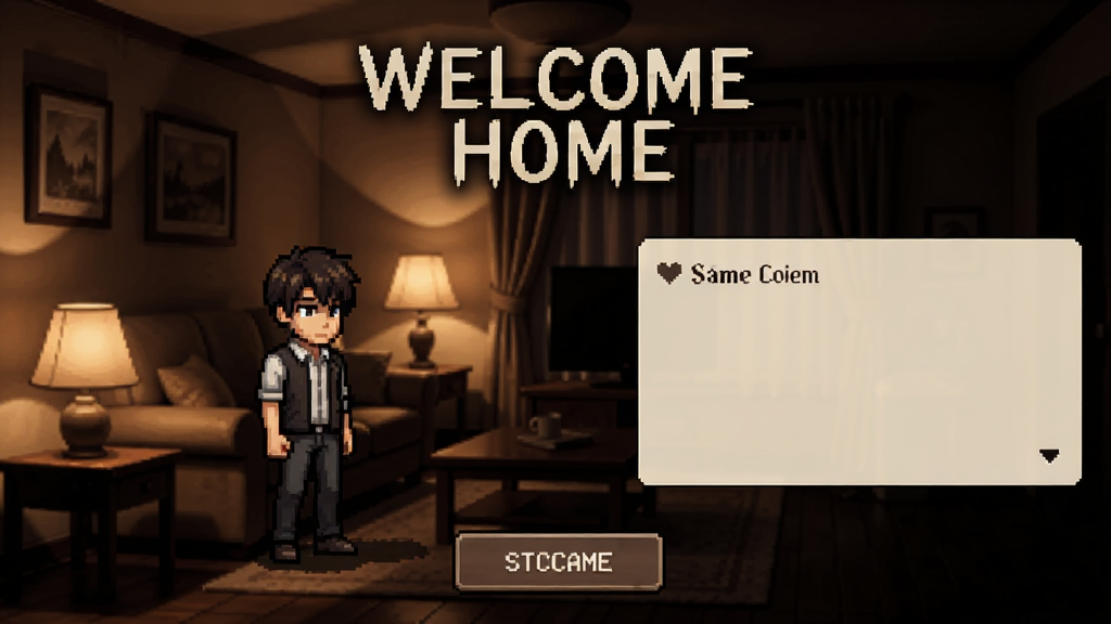 ��ϷWelcome Home���⻭�棬������������ܰ�Ŀ�����������������ط������Խ�ɫ���Ҳ�������ӽǵĶԻ�������ɫ����ůƫ�����Ű��Ϸ�����Ϸlogo�·��ǿ�ʼ��Ϸ��ť�����Ϊ�����ֲ���Ů��Ϸ��ϸ�ڰ�����͵ƹ����Ӱ�Աȣ����ʸ��壬�ɾ����޶���Ԫ��