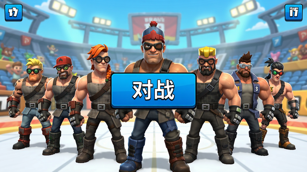 brawl stars���ʰ���Ϸ�������ͼ��������չʾ�����ʿ��ɫ����վ�����м��Ǿ޴�ġ���ս����ť������Ϊ�����Ŀ�ͨ��񾺼��������������������ã�ϸ�ڷḻ�����ʸ��壬�ɾ����࣬�޶���Ԫ��