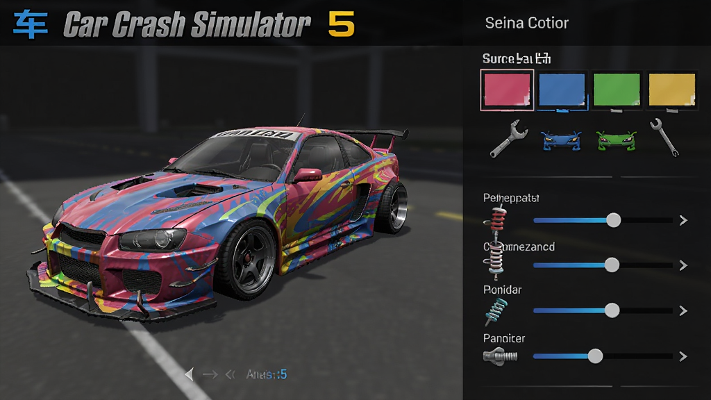 Car Crash Simulator 5 车祸模拟器5国际版 车辆自定义界面 主体为改装车辆 布局为左右分栏 排版为界面展示 风格为现代游戏UI风格 细节包括涂装颜色选择和悬挂参数调节滑块 画质高清 干净 无多余元素