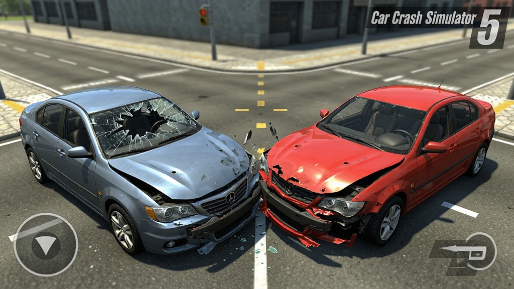 Car Crash Simulator 5 车祸模拟器5国际版 高清3D画面 车辆碰撞场景 主体为两辆轿车在十字路口发生碰撞 布局为中心对称 排版为横向构图 风格为写实赛车游戏风格 细节包括碎裂的挡风玻璃和变形的保险杠 画质高清 干净 无多余元素