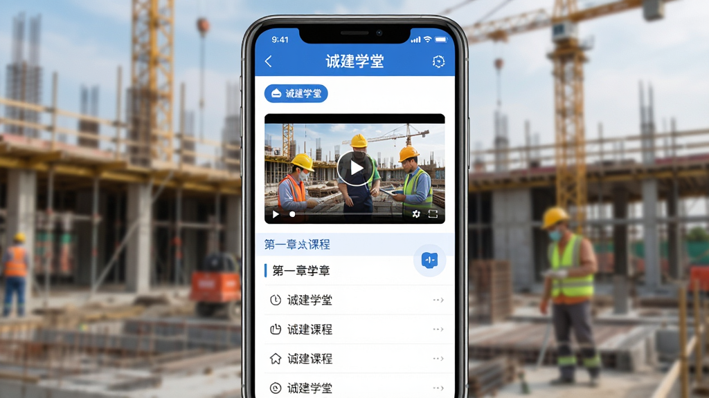 手机屏幕中显示诚建学堂应用界面,建筑工地背景虚化,画面中央是视频课程播放窗口和章节列表,布局简洁,排版清晰,风格现代教育类App,细节包括蓝色主色调、图标按钮、文字“诚建学堂”,画质高清,干净,无多余元素