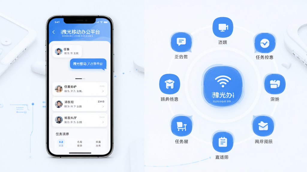 主体为i豫光移动办公平台功能展示图,布局为左侧手机界面右侧功能图标环绕,排版采用左右分栏结构,风格为清新浅色科技风,细节包含蓝色与白色搭配、扁平化图标、消息气泡与任务卡片元素,画质高清,干净,无多余元素