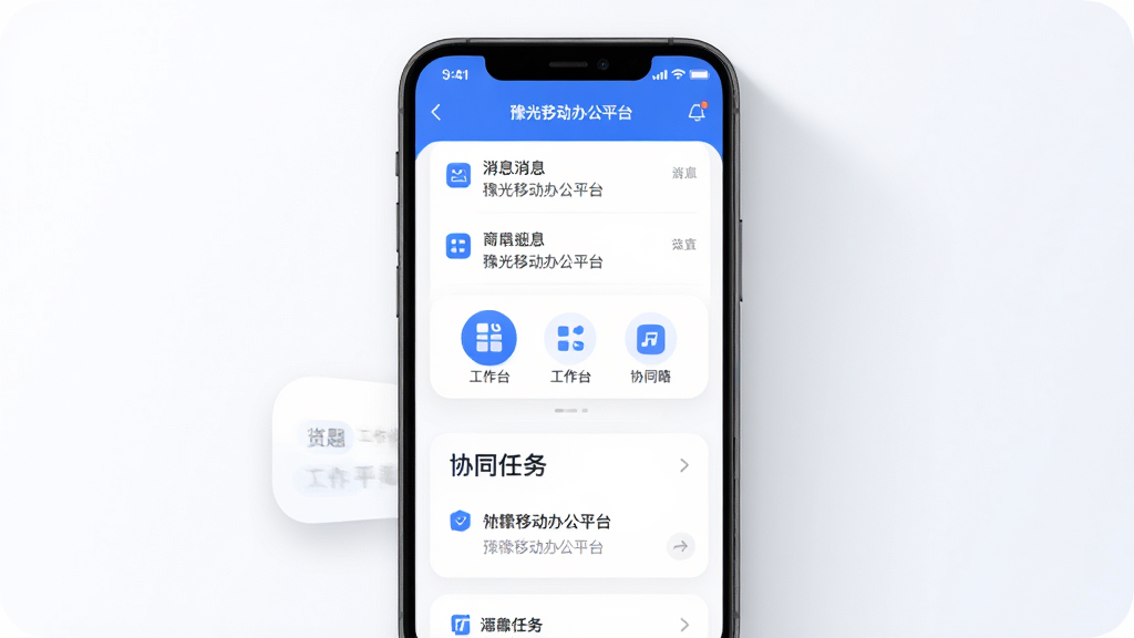 主体为i豫光移动办公平台手机界面,布局为居中展示手机屏幕,屏幕内呈现消息列表、工作台图标与协同任务卡片,排版整齐清晰,风格为现代简约商务风,细节包含蓝色主色调、圆角图标、白色背景与柔和阴影,画质高清,干净,无多余元素