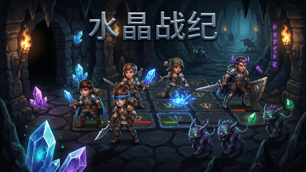 水晶战纪游戏宣传图,冒险小队深入黑暗地牢,神秘水晶碎片发光,异兽伙伴跟随,回合制战斗场景,暗黑魔法风格,画面精致,画质高清,干净整洁,无多余元素
