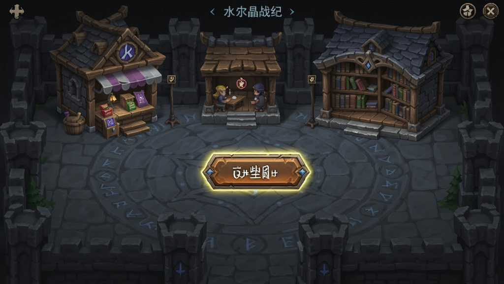 水晶战纪主城界面,包含商店仓库图书馆等功能建筑,探险按钮高亮显示,暗黑魔法风格,布局清晰,画质干净,无多余元素