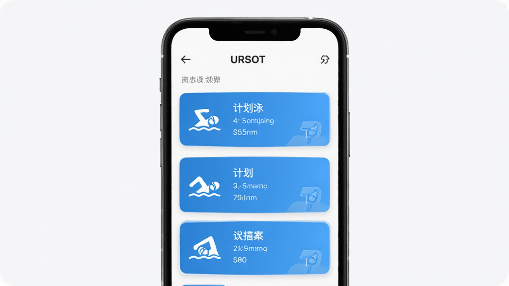 URSOT应用主界面展示游泳训练计划列表,主体为手机屏幕,布局居中,排版清晰,风格简洁运动,细节包括泳姿图标和计划卡片,画质高清,干净,无多余元素