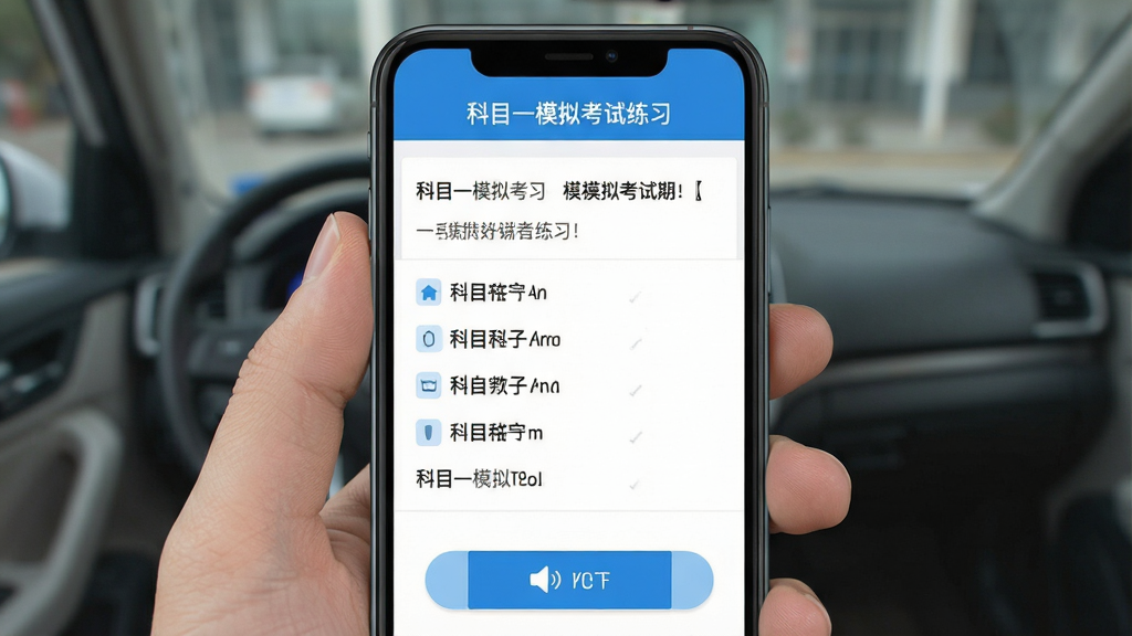 手机屏幕显示科目一模拟考试练习应用界面,顶部标题栏写着“科目一模拟考试练习”,中间是题目和选项,底部有语音朗读按钮,整体布局清晰,扁平化设计风格,蓝色和白色为主色调,干净整洁,无多余元素,高清画质