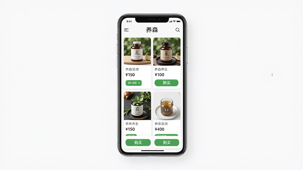养森APP产品展示页面,主体为手机屏幕中显示多款养生产品列表,布局为居中手机模型,排版简洁清晰,风格为现代简约商务风,细节包括产品缩略图、价格标签、购买按钮,画质高清,干净,无多余元素