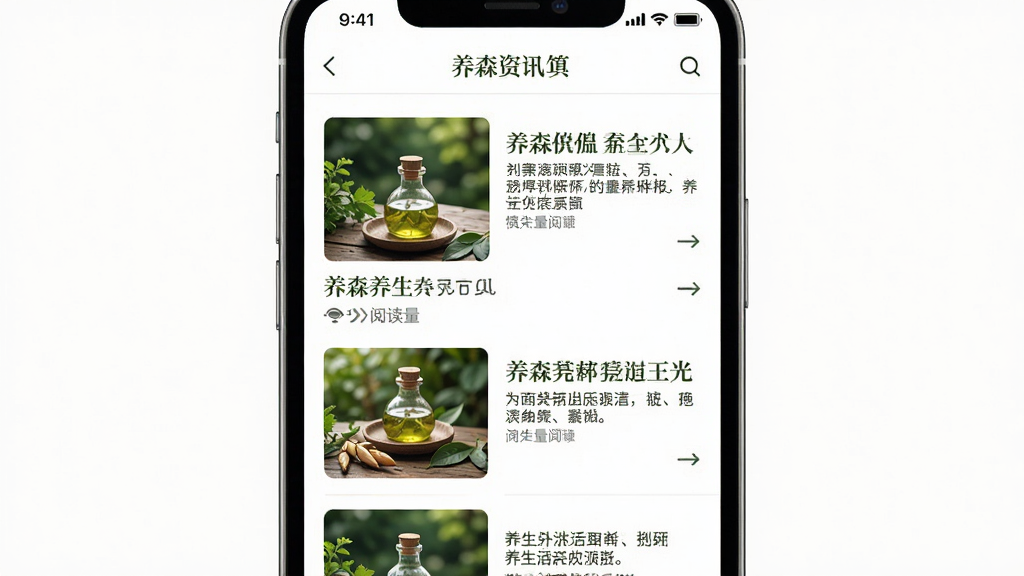 养森APP养生资讯页面,主体为手机界面展示养生文章列表,布局为手机屏幕居中,排版图文混排,风格为清新自然风,细节包括文章标题、配图、阅读量,画质高清,干净,无多余元素