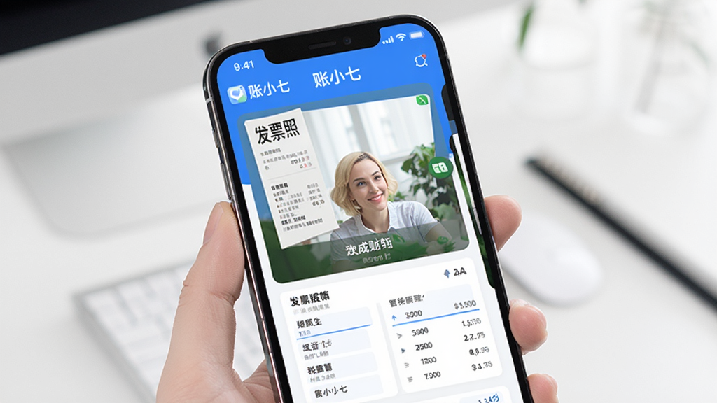 账小七APP界面展示,手机屏幕中显示智能财税记账系统,发票拍照上传后自动生成财务账簿和税务报表,画面中有“账小七”品牌标识,简洁商务风格,蓝白配色,干净整洁,高清画质