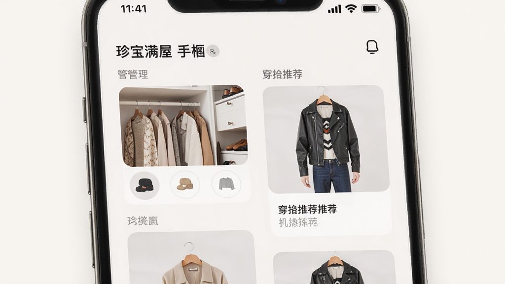 珍宝满屋 手机APP 衣橱管理界面 展示分类卡片和穿搭推荐 布局清晰 浅色背景 简约风格 高清画质 干净无多余元素