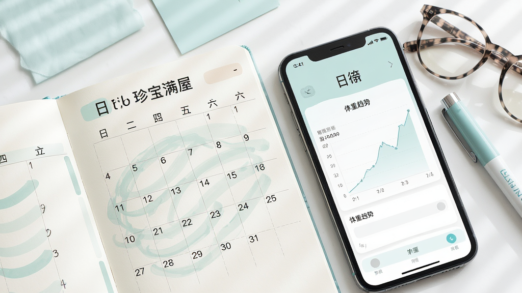 珍宝满屋 日记页面 日历式穿搭记录 体重趋势图 手机界面 清新风格 柔和色调 高清画质 干净排版
