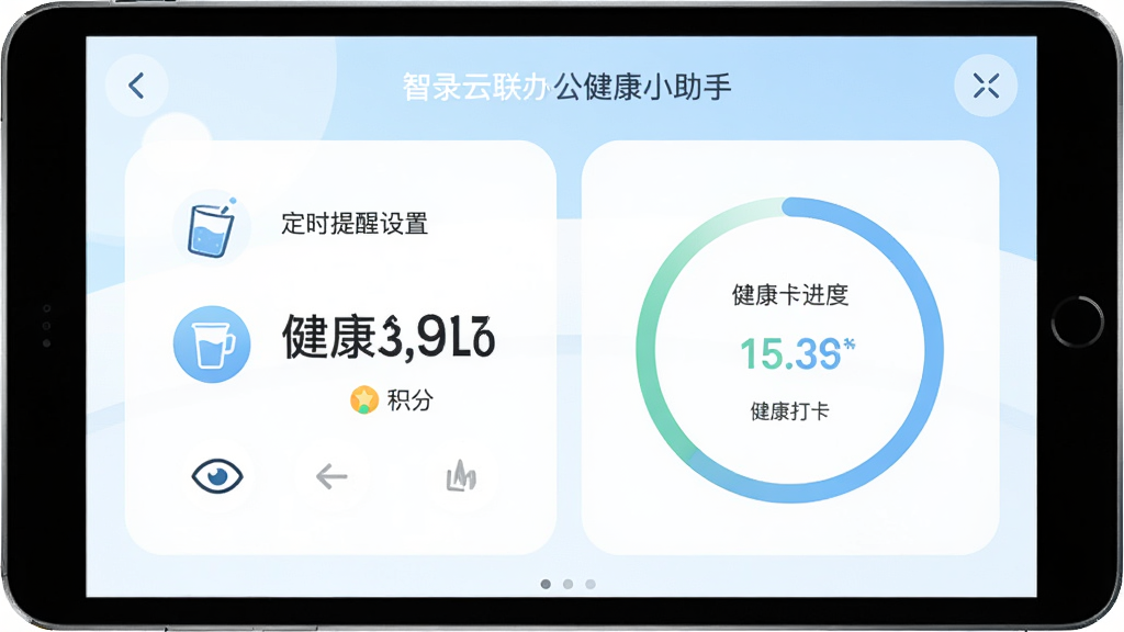 智录云联办公健康小助手界面,主体为定时提醒设置与健康打卡进度环,布局居中显示提醒时间与积分,排版简洁,风格清新柔和,细节包含水杯图标、眼睛图标、积分数字,画质高清,干净,无多余元素