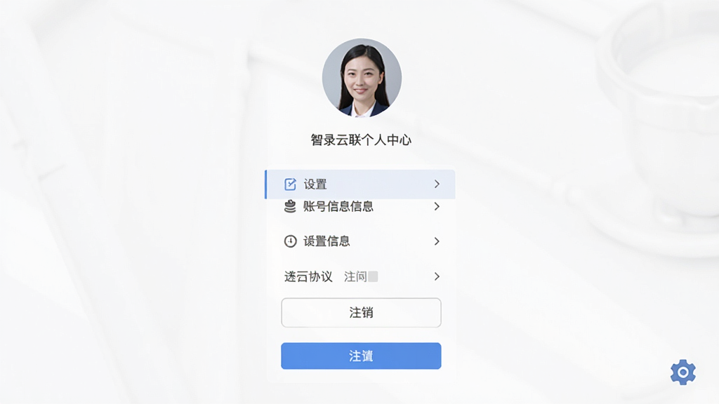 智录云联个人中心界面,主体为用户头像与设置菜单列表,布局居中,排版简洁,风格简约商务,细节包含账号信息、协议入口、注销按钮、设置图标,画质高清,干净,无多余元素