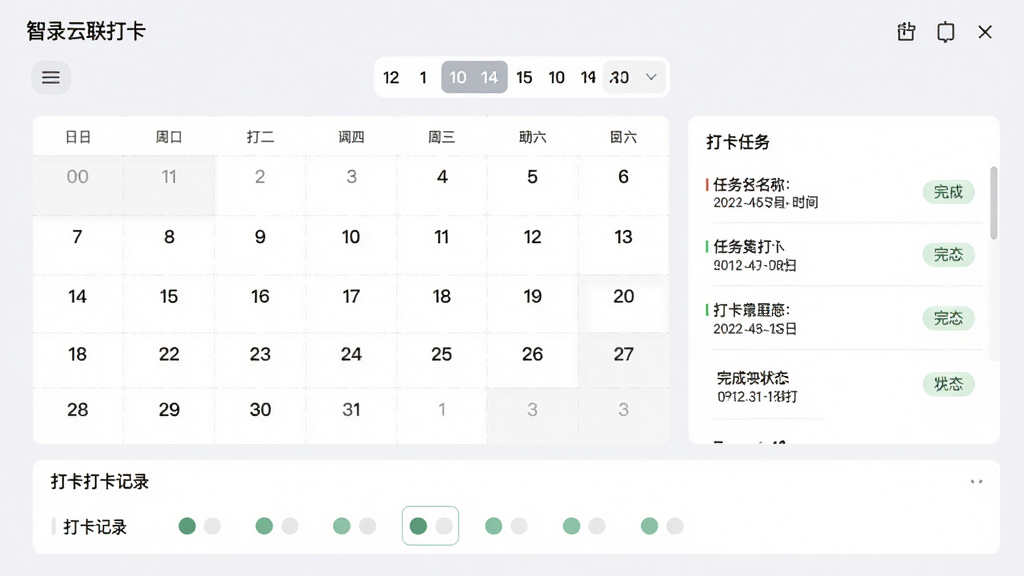 智录云联打卡管理界面,主体为日历视图与打卡任务列表,布局上方为月份切换,下方为打卡记录圆点标记,排版整齐,风格清爽素雅,细节包含任务名称、打卡时间、完成状态,画质高清,干净,无多余元素