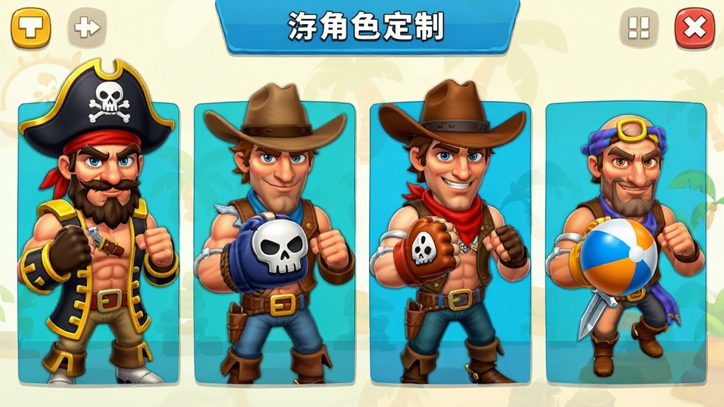 ��Ϸ��ɫ���ƽ��棬չʾ�����ͬ���͵�սʿ���еĴ��ź���ͷ�����еĴ���ţ��ñ��ȭ����ʽ���죬��������ͷ��ɳ̲�򣬽��沼�������������ã����廭��
