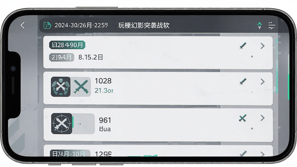 玩梗幻影突袭战软件界面截图,主体为手机屏幕展示战术记录列表,布局居中,排版简洁,风格为扁平化科技风,细节包含日期标签和战术图标,画质清晰干净无多余元素