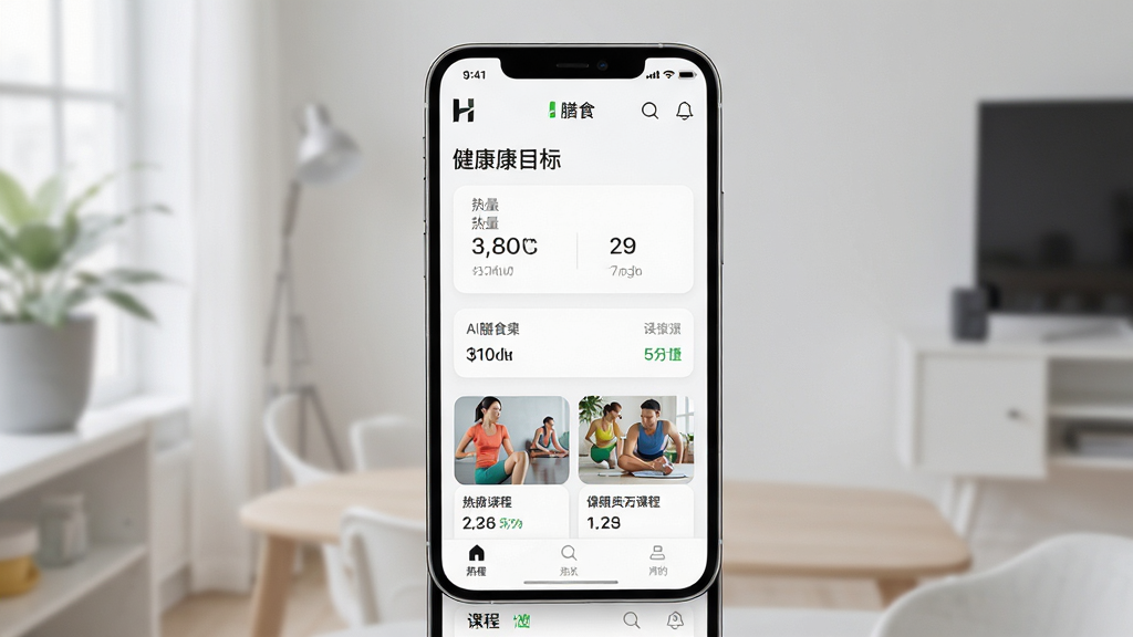 H运动健康软件界面展示,主体为手机屏幕显示健康目标设定与AI膳食方案页面,布局居中,排版清晰,风格现代简约,细节包含热量数据与课程卡片,画质高清,干净,无多余元素