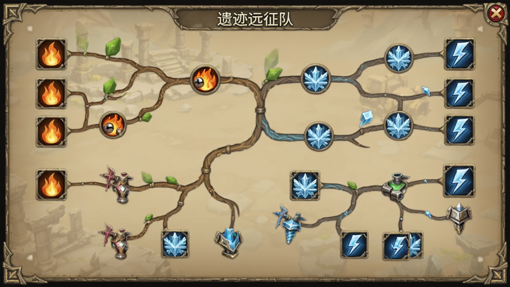 主体是遗迹远征队角色技能树界面,布局为树状分支与遗物图标,排版清晰,风格为游戏UI奇幻风,细节包括火焰、冰霜、闪电图标,画质高清干净无多余元素