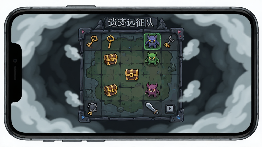 主体是手机屏幕显示遗迹远征队游戏界面,布局为中央网格地图与周围迷雾,排版简洁,风格为暗黑奇幻卡通,细节包括钥匙、宝箱、怪物图标,画质清晰干净无多余元素