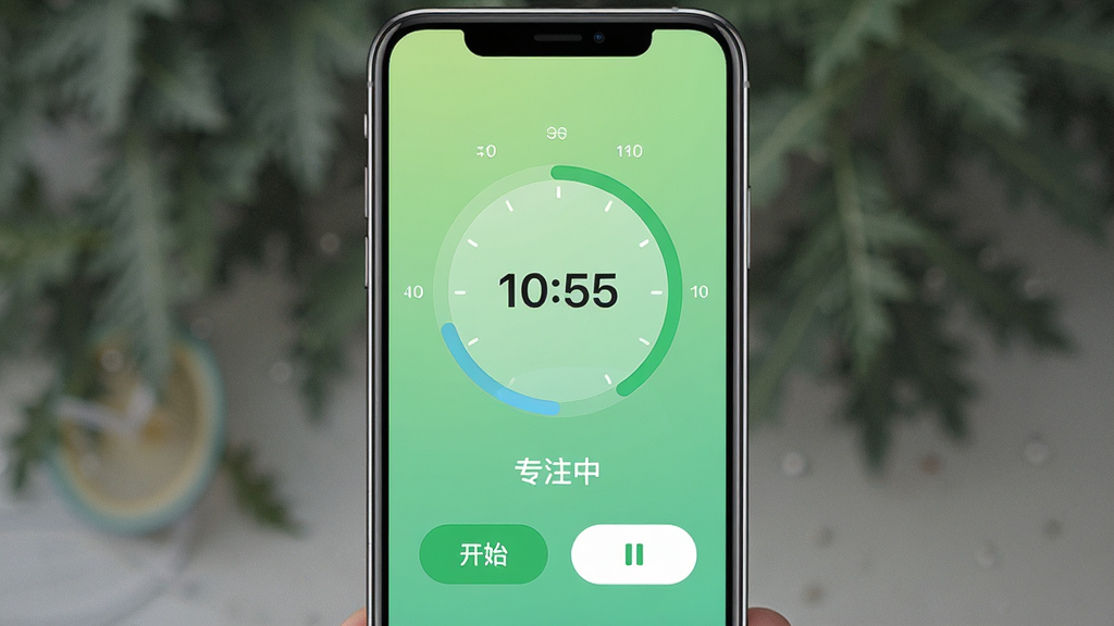 һ�����ƻ�APPרע��ʱ���ܽ��棬�ֻ���Ļ������ʾԲ�ε���ʱ������������Ϊ��ͽ�����ɫ���ײ��п�ʼ����ͣ��ť���������֡�רע�С����ɾ���࣬���廭��