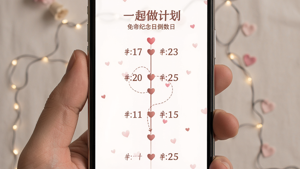 一起做计划 纪念日倒数日界面 主体为手机屏幕 布局居中 排版时间轴 风格浪漫温馨 细节包含爱心图标和天数数字 画质高清 干净 无多余元素