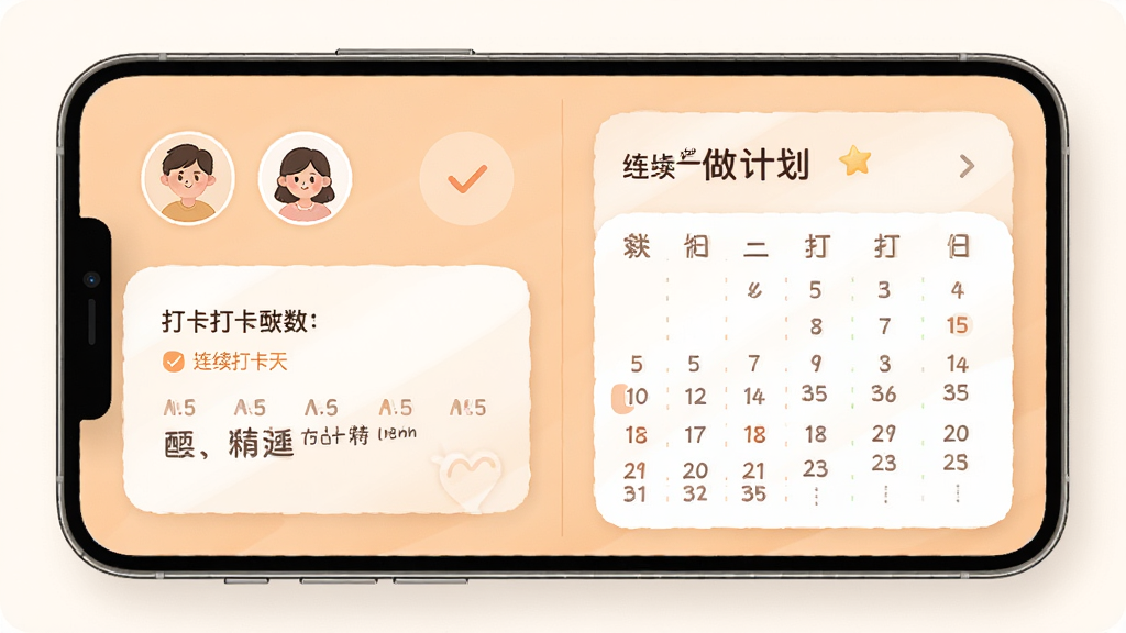 一起做计划 两个用户头像和打卡日历 主体为手机界面 布局左右分栏 排版卡片式 风格温暖柔和 细节包含连续打卡天数和鼓励文字 画质高清 干净 无多余元素