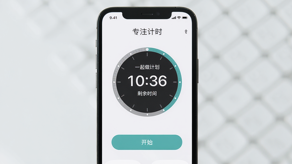 一起做计划 专注计时界面 主体为手机屏幕 布局居中 排版圆形计时器 风格极简清爽 细节包含剩余时间和开始按钮 画质高清 干净 无多余元素