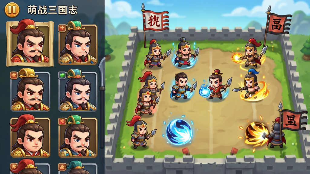 萌战三国志 游戏界面 主体为Q版三国武将排兵布阵 布局为横向屏幕展示 排版左侧武将列表右侧战场 风格Q萌卡通 细节包含魏蜀吴旗帜与技能特效 画质高清 干净 无多余元素
