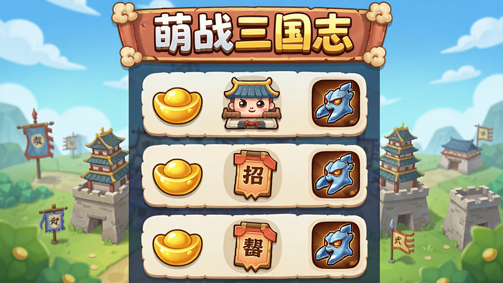 萌战三国志 活动界面 主体为三国城池与活动图标 布局为竖向列表展示 排版顶部横幅活动标题 风格Q萌卡通 细节包含元宝、招募令、武将碎片图标 画质高清 干净 无多余元素
