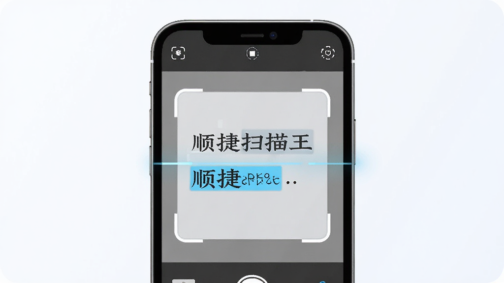 顺捷扫描王软件界面展示,主体为手机屏幕显示拍照识别文字功能,布局为居中放置手机,排版简洁,风格为科技清新风,细节包含扫描框、文字识别高亮效果,画质清晰,干净,无多余元素